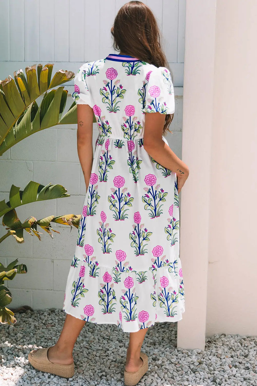 Sky Blue Floral Puff Sleeve V Neck High Waist Maxi Dress Women UK — full length