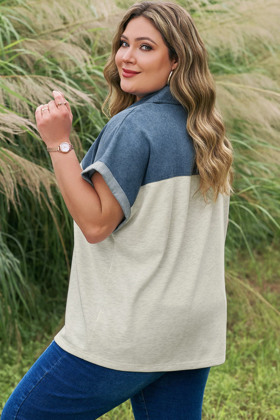 Light grey denim patchwork plus size top — side view showing collar and denim detail