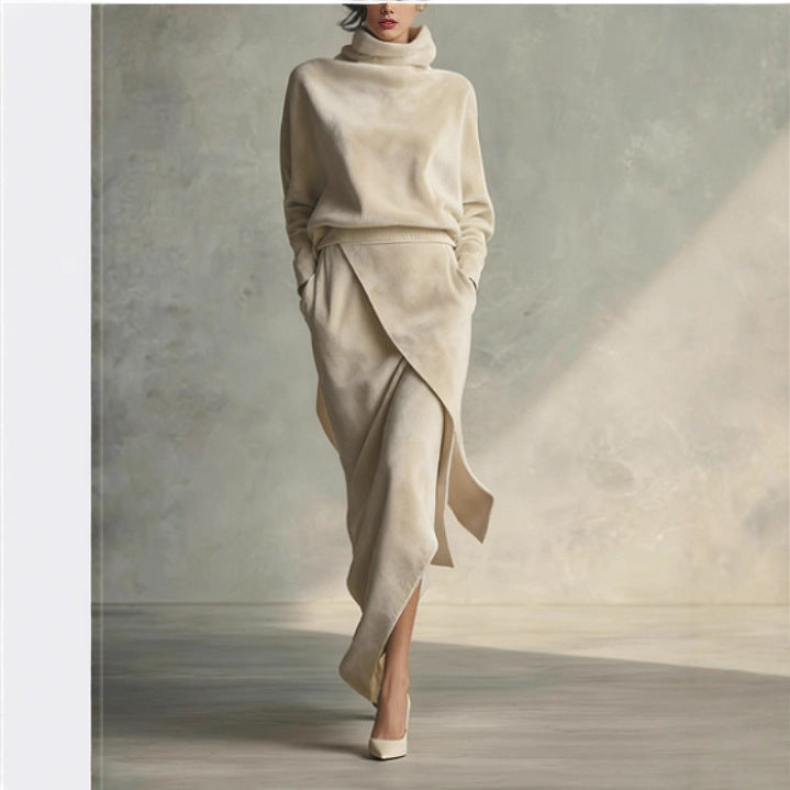 Long sleeve suede dress styled for smart casual women