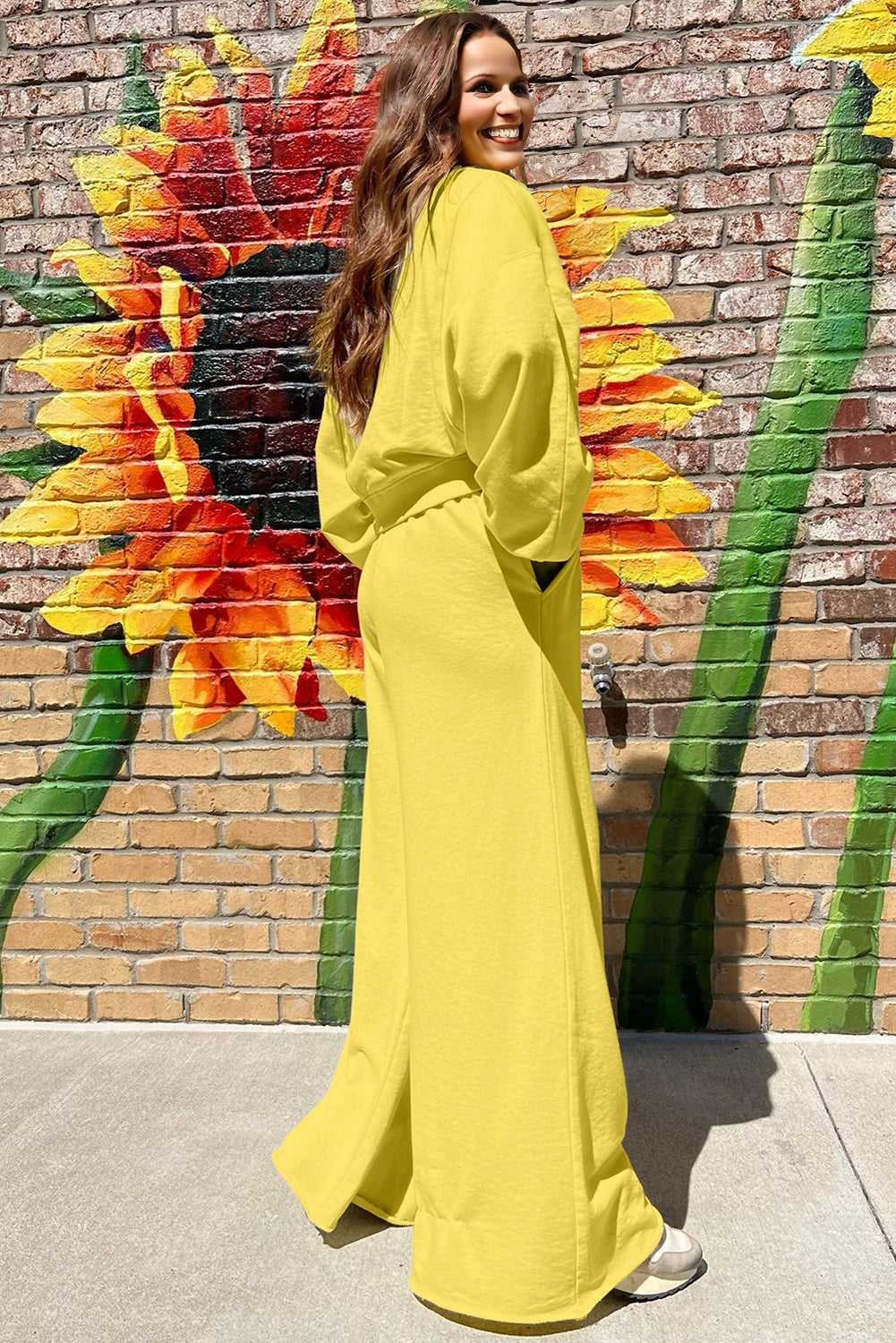 Back view of yellow Drop Crop Wide-Leg Pants Set highlighting relaxed silhouette and flowy wide-leg pants for daily comfort.