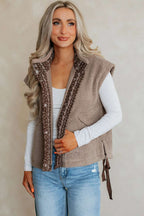 Front view of Women's Country Borg Fleece Gilet Winter Vest FashionFitz with cozy fleece texture, floral trim, and snap-button closure.