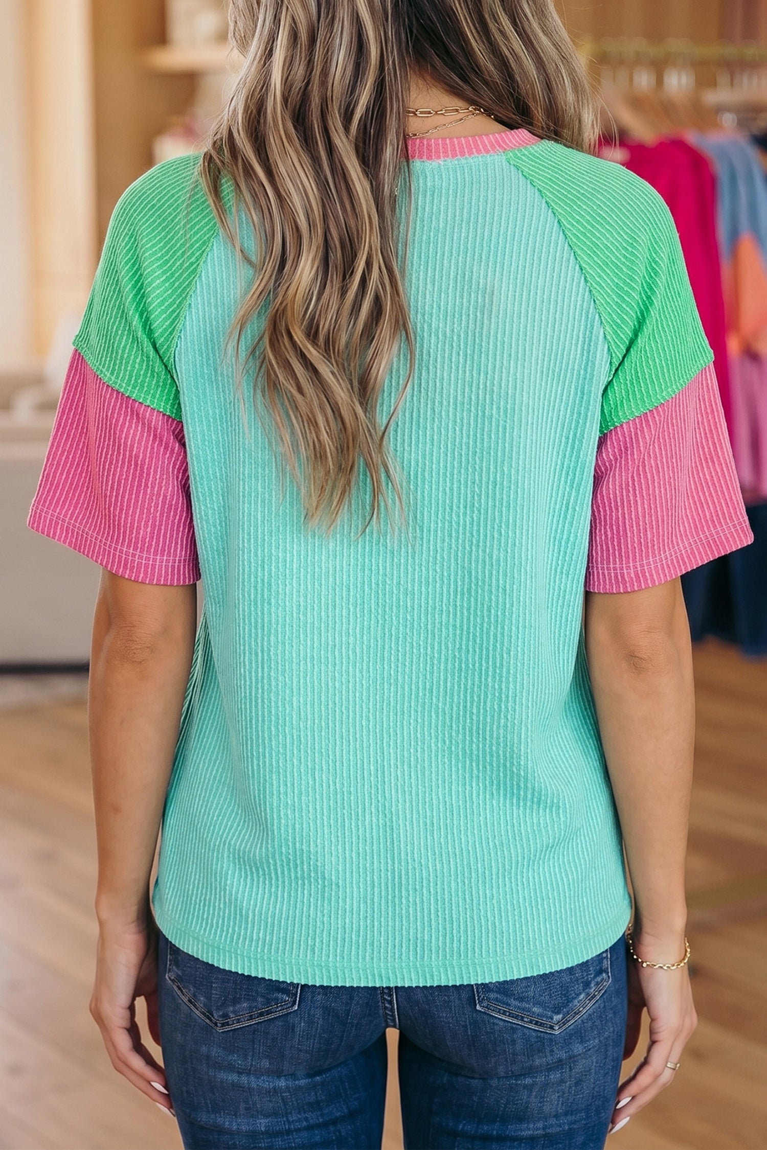 Colour Block Twisted Ribbed V Neck Short Sleeve Tee