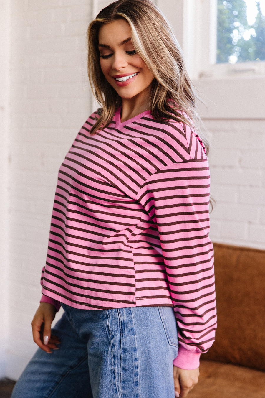 Pink Stripe V-Neck Drop Shoulder Long Sleeve Top Women UK