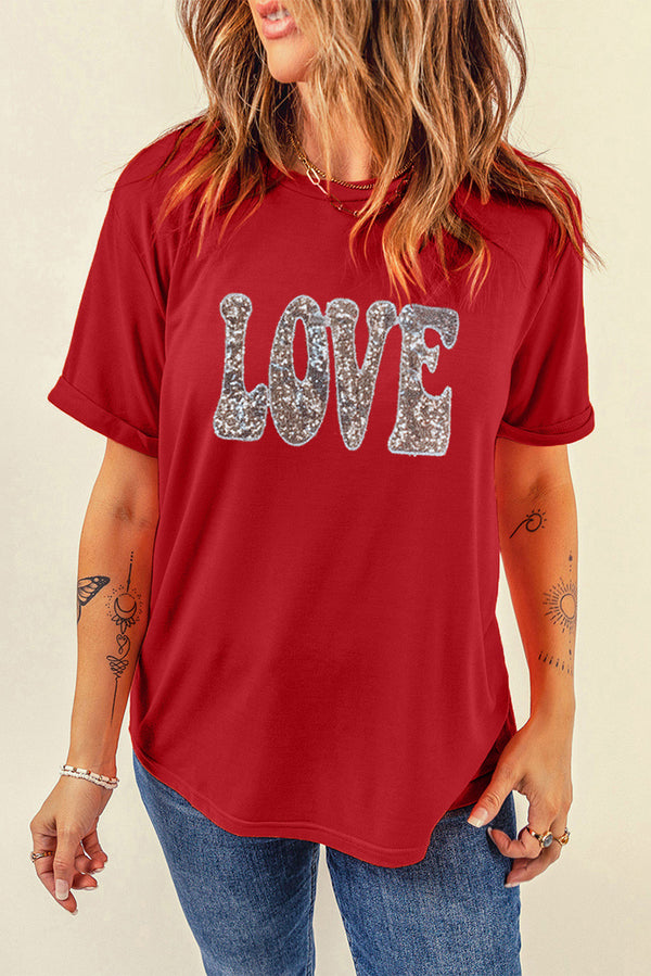 Red Sequined LOVE Letter Valentines T-Shirt Women UK