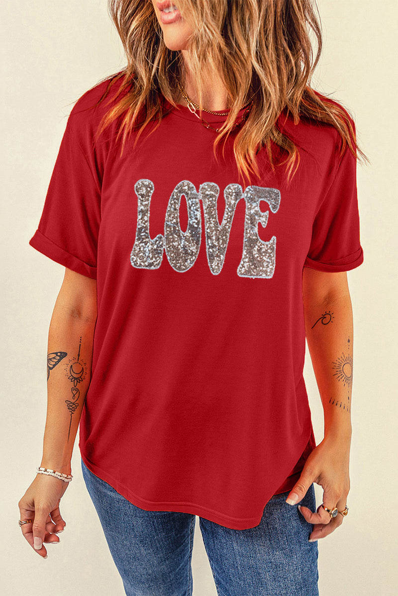 Red Sequined LOVE Letter Valentines T-Shirt Women UK
