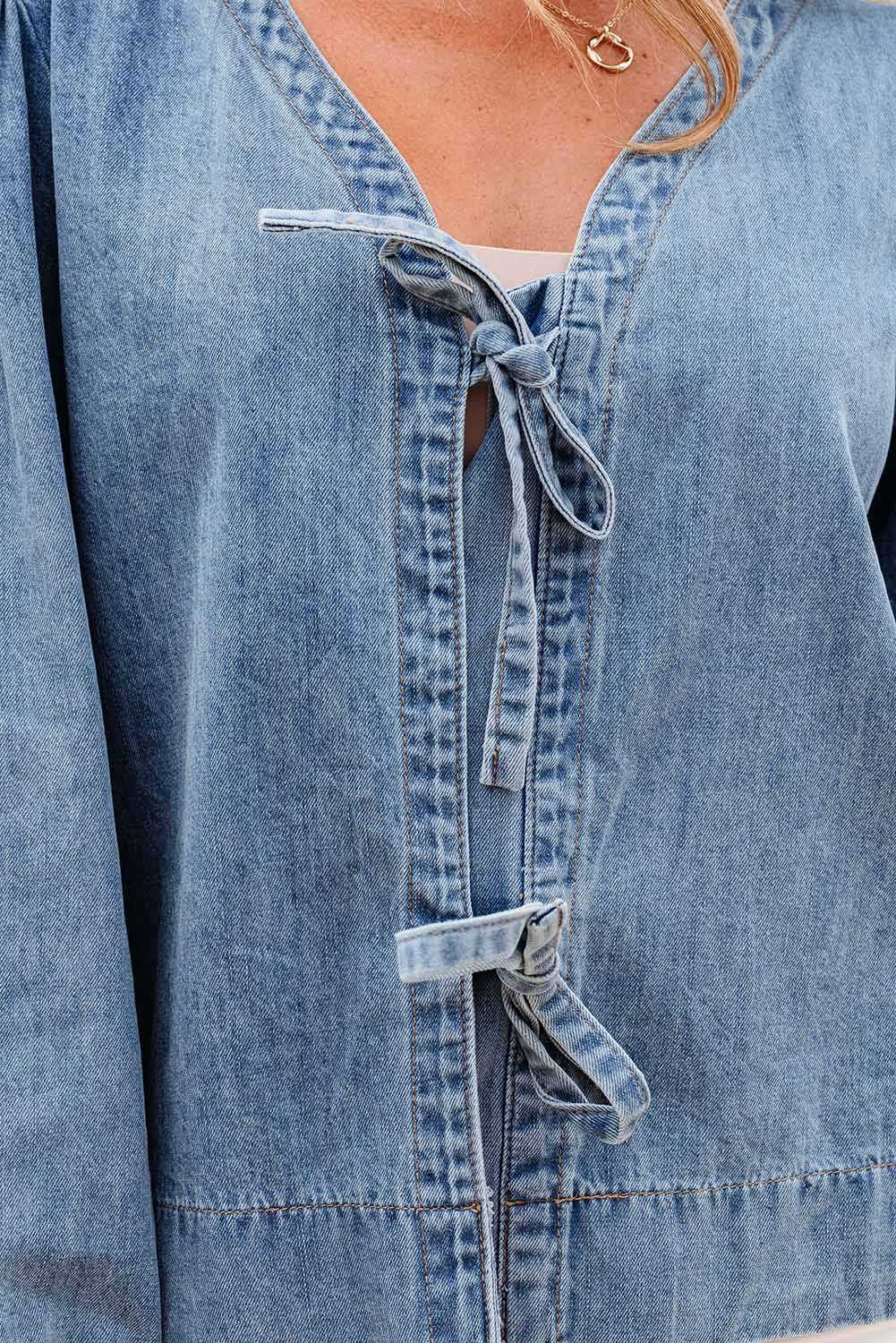 Blue Ties Puff Denim Top