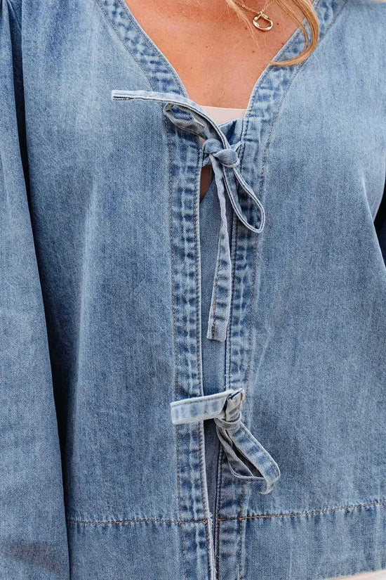 Blue ties puff denim top blouses