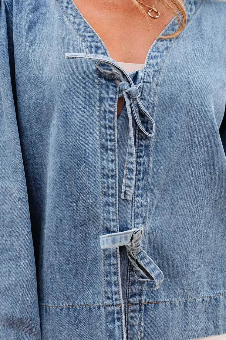 Blue ties puff denim top blouses