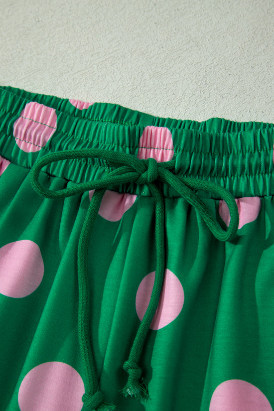 Polka Dot V Neck Short Sleeve Tee High Waist Drawstring Shorts Set