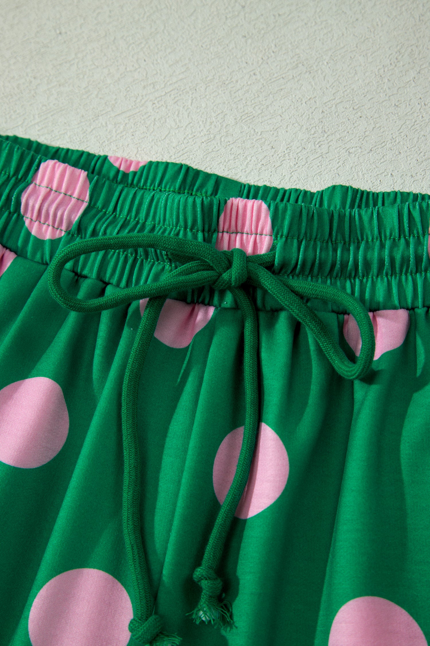 Polka Dot V Neck Short Sleeve Tee High Waist Drawstring Shorts Set