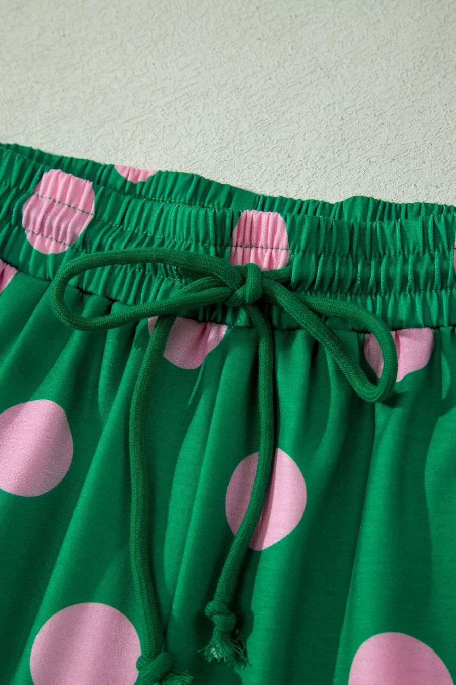 Polka Dot V Neck Short Sleeve Tee High Waist Drawstring Shorts Set