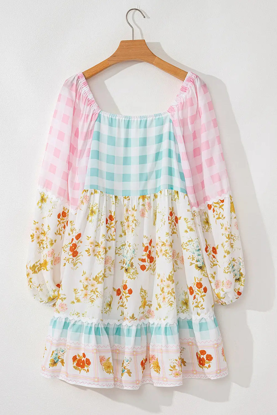 Pink Ric Rac Plaid Floral Patchwork Bubble Sleeve Mini Dress Women UK