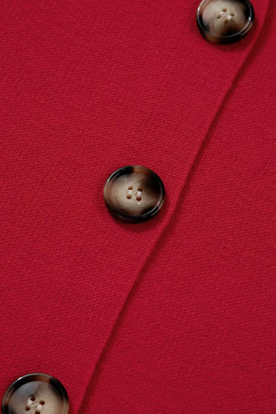 Detailed close-up of tortoiseshell buttons on the Women's Red Collared Wrap Cardigan Jacket, emphasizing stylish accents.