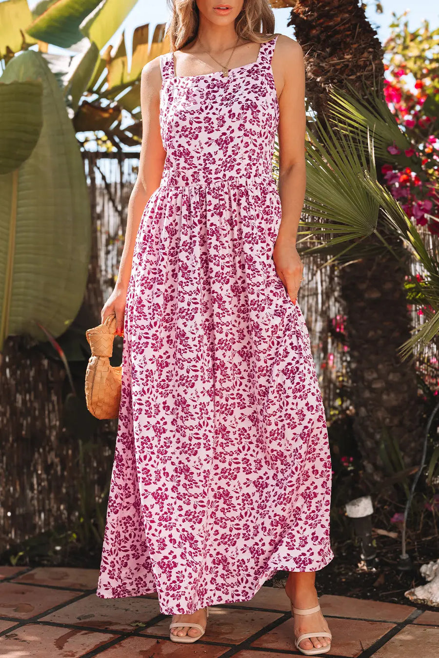 Pink Floral Cutout Back Empire Waist Sleeveless Maxi Dress Women UK