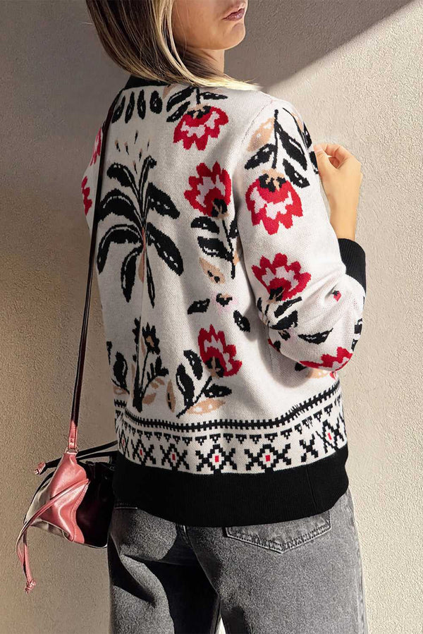 Feminine beige floral cardigan styled with jeans for autumn layering
