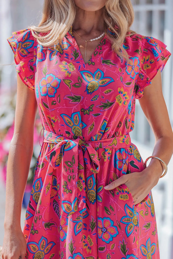 Rose flutter sleeve belted floral long midi dress
