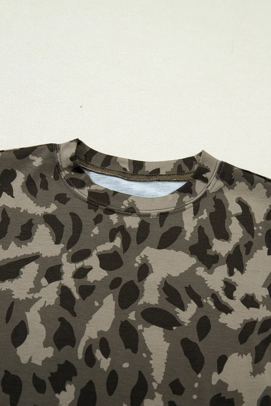 Leopard print slim tee mock neck short sleeve fitted sheath t-shirts