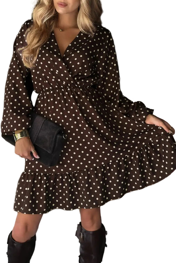 Chicory coffee polka dot long sleeve wrap V-neck ruffle hem mini dress front view — Fashionfitz UK