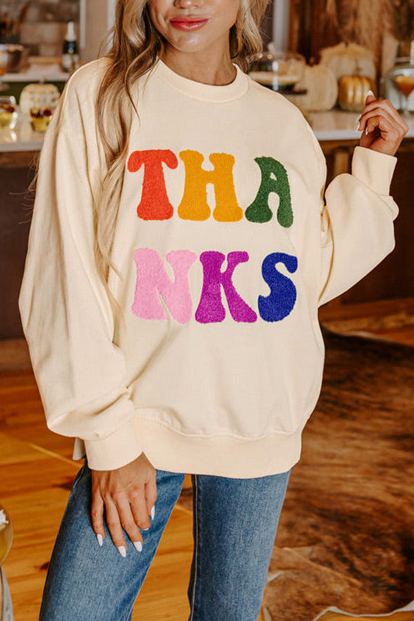 Apricot Chenille Embroidered THANKS Graphic Sweatshirt Women UK