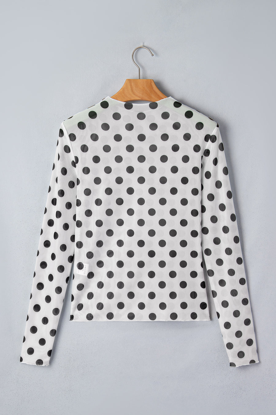 Polka Dot Sheer Mesh Long Sleeve Top UK — detail showing sheer quality and polka dot print on lightweight mesh — Fashionfitz