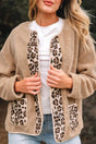 Close-up of women’s plush leopard print jacket showing button-down front and soft fleece fabric with animal print accents.