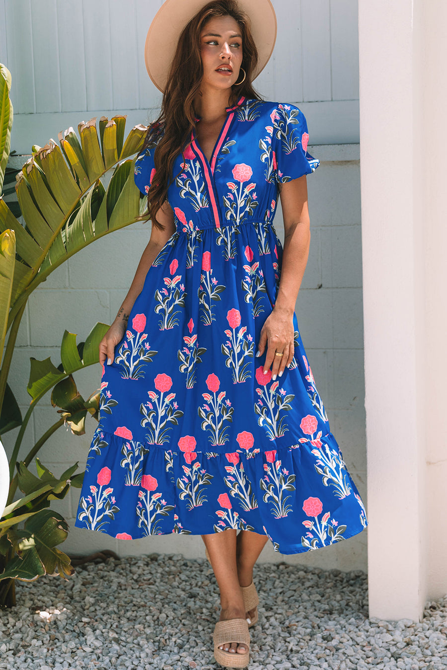 Sky Blue Floral Puff Sleeve V Neck High Waist Maxi Dress Women UK