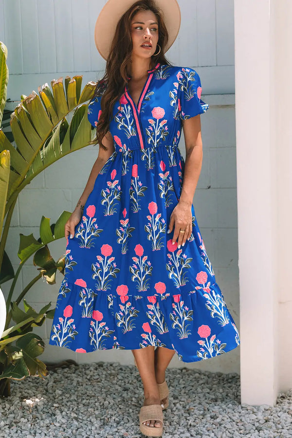 Sky Blue Floral Puff Sleeve V Neck High Waist Maxi Dress Women UK — front view