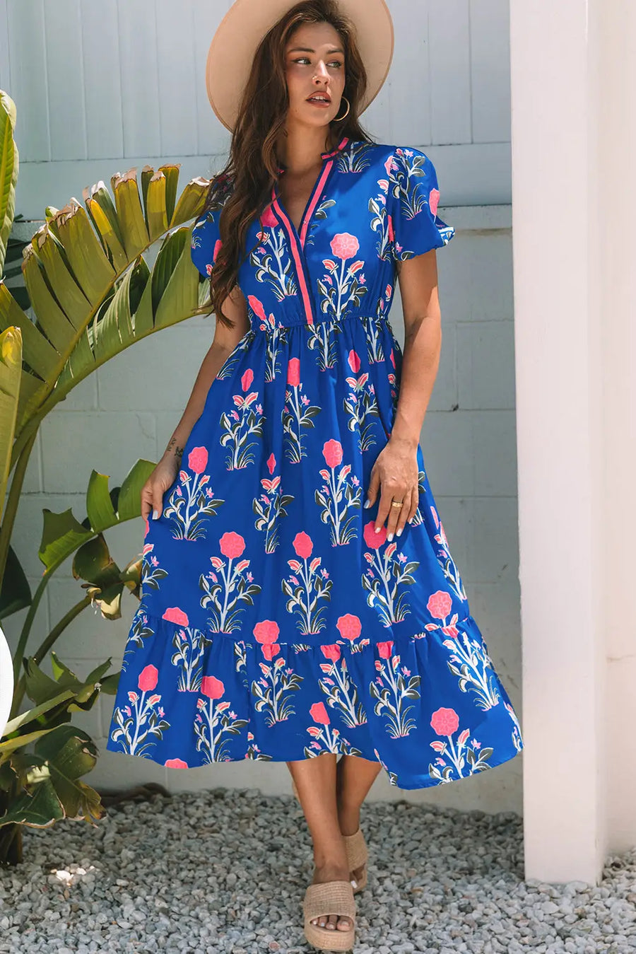 Sky Blue Floral Puff Sleeve V Neck High Waist Maxi Dress Women UK — front view