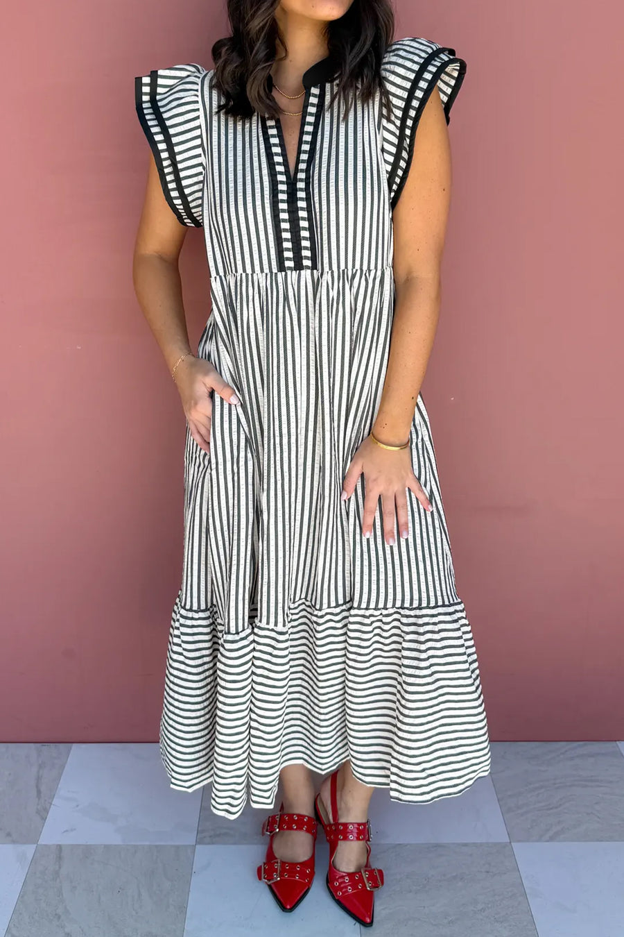 Stripe Slit V Neck Tiered Flutter Sleeve Plus Size Maxi Dress UK
