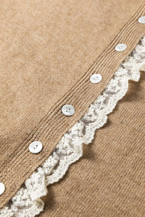 Detailed view of lace trim and buttons on taupe knit cardigan. Women’s lace detail knitwear for stylish and cozy layering.