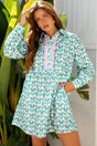 Green Floral Scalloped Notched Neck Long Sleeve Mini Dress Women UK