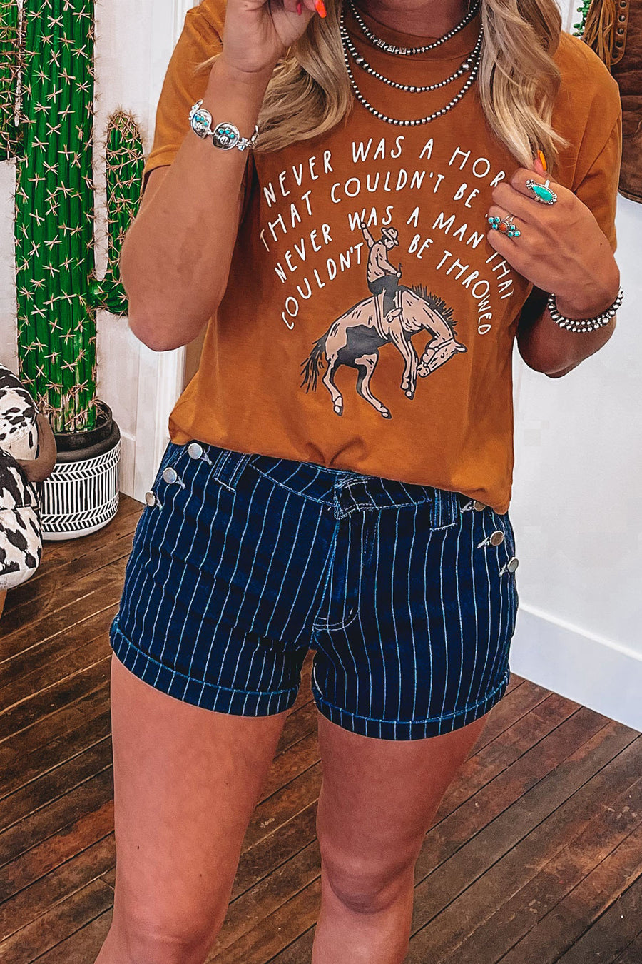 High waist stripe denim shorts styled with tucked blouse and sandals — Fashionfitz UK