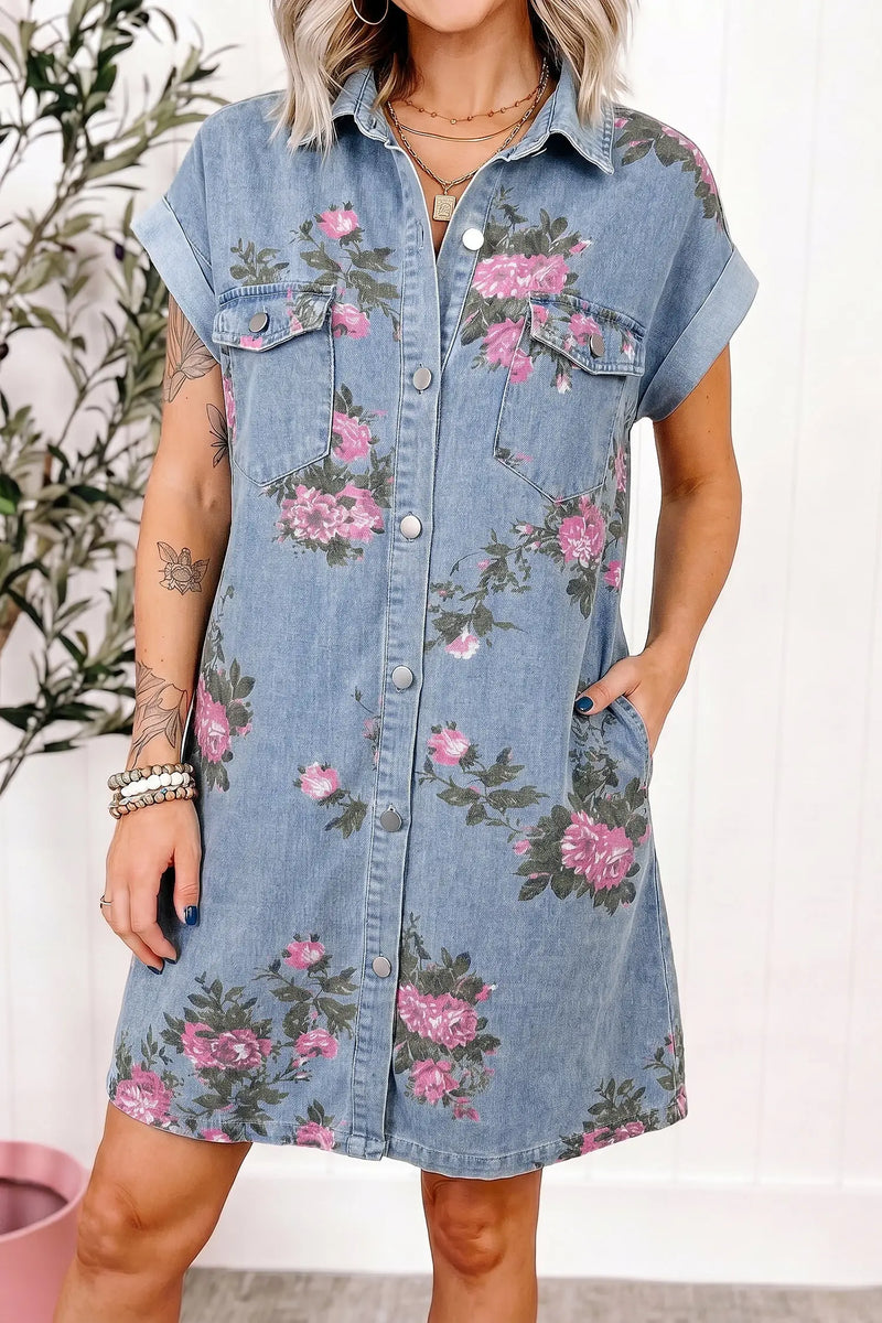 Sky Blue Denim Floral Button Down Shift Dress Women UK