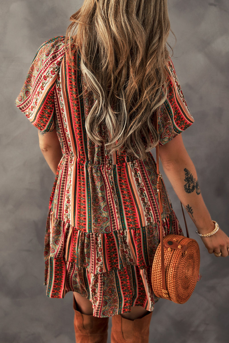 Red Bohemian Floral Print Buttoned V Neck Ruffle Tiered Dress Women UK