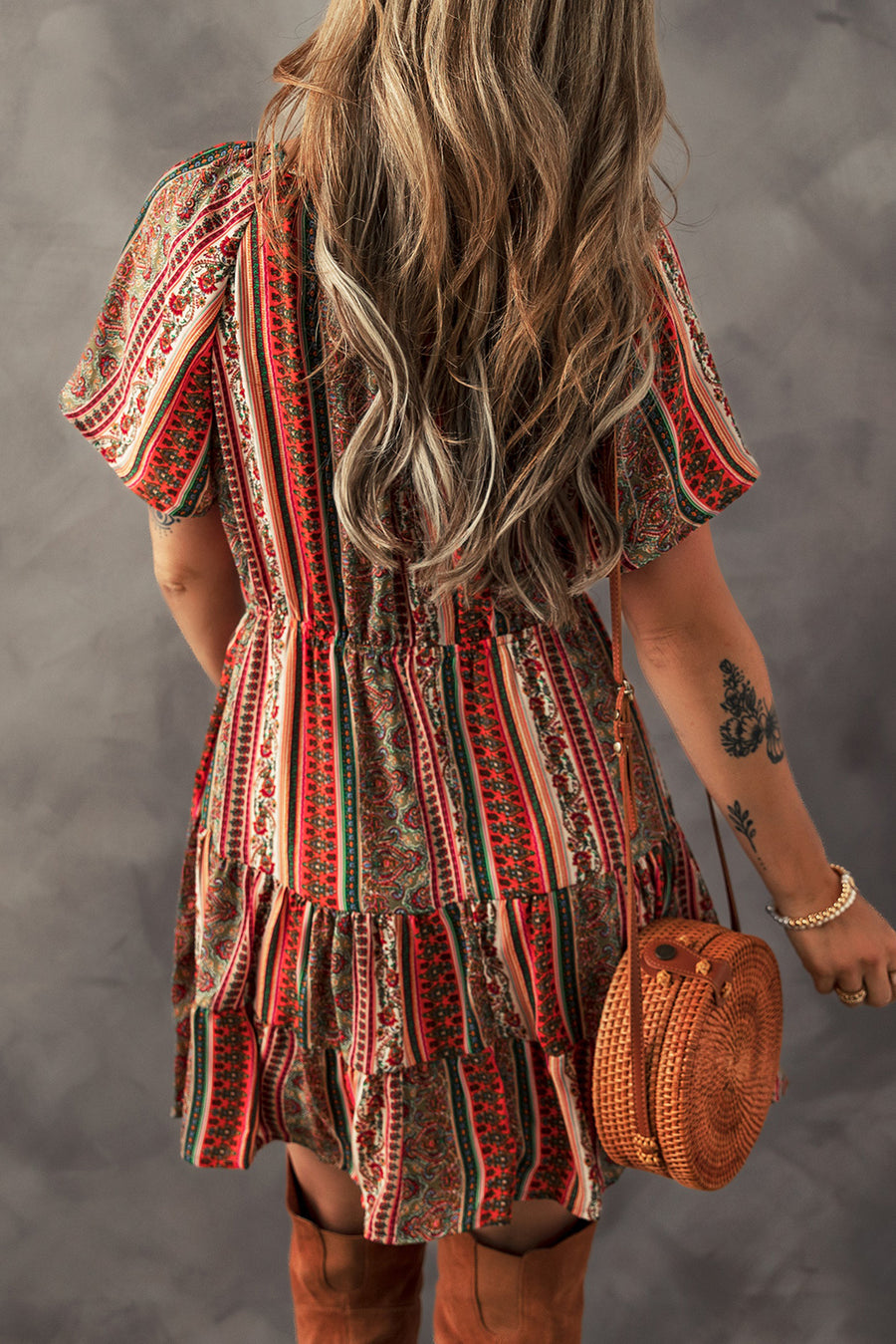 Red Bohemian Floral Print Buttoned V Neck Ruffle Tiered Dress Women UK