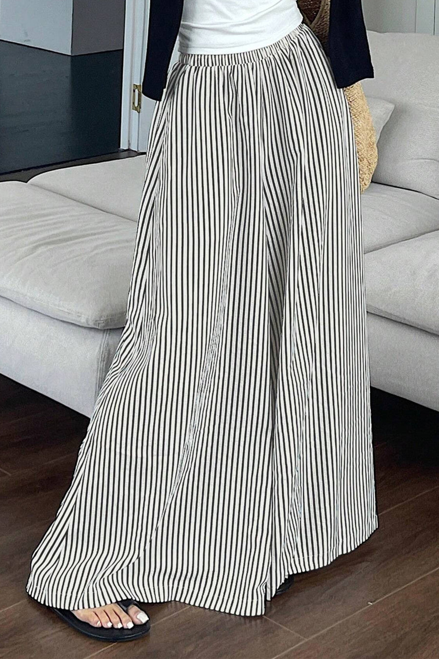 Stripe Elastic High Waist Ultra Wide Leg Trousers with Pockets