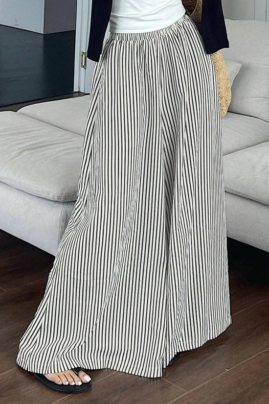 Black stripe elastic waist ultra wide leg pants