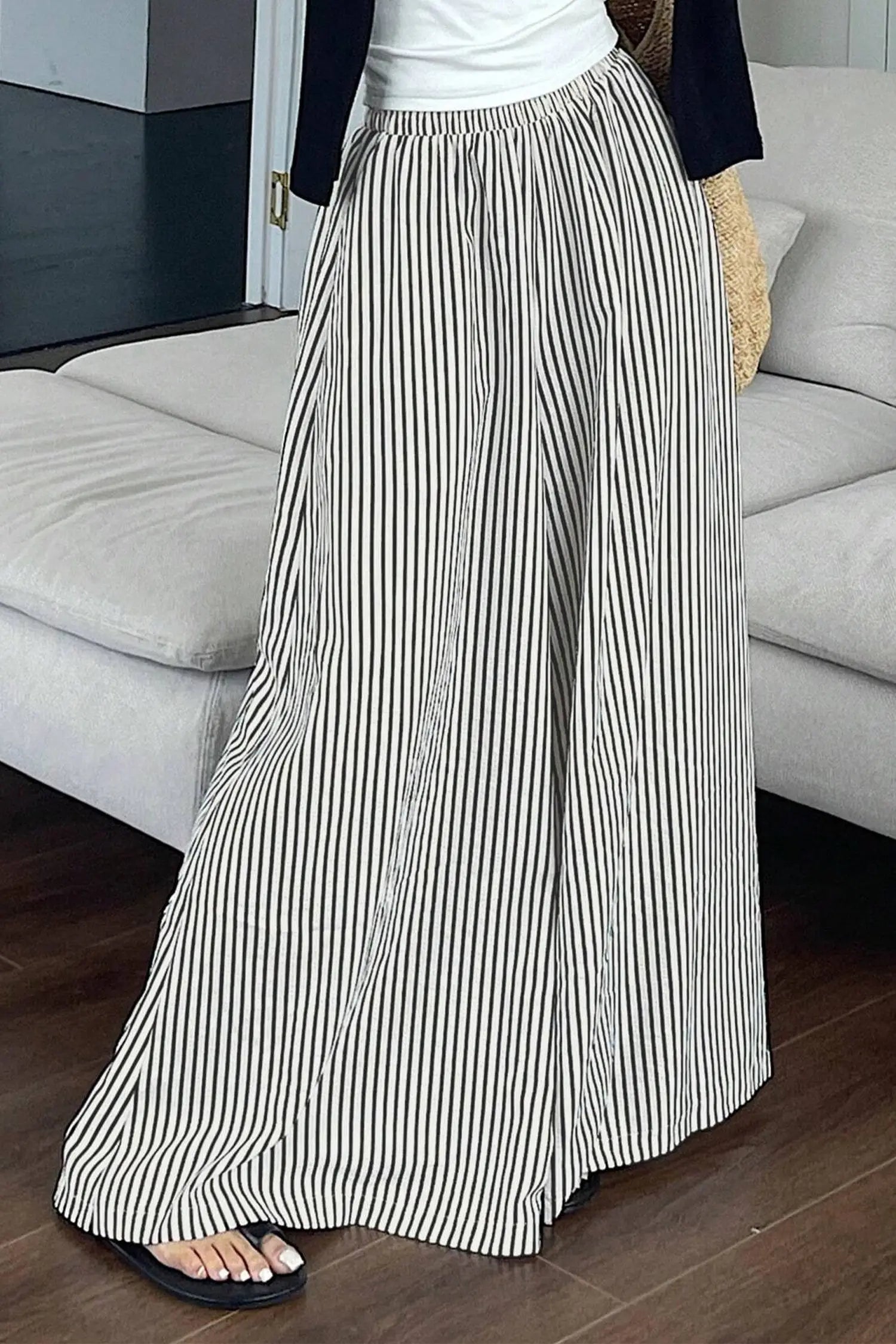 Black stripe elastic waist ultra wide leg pants