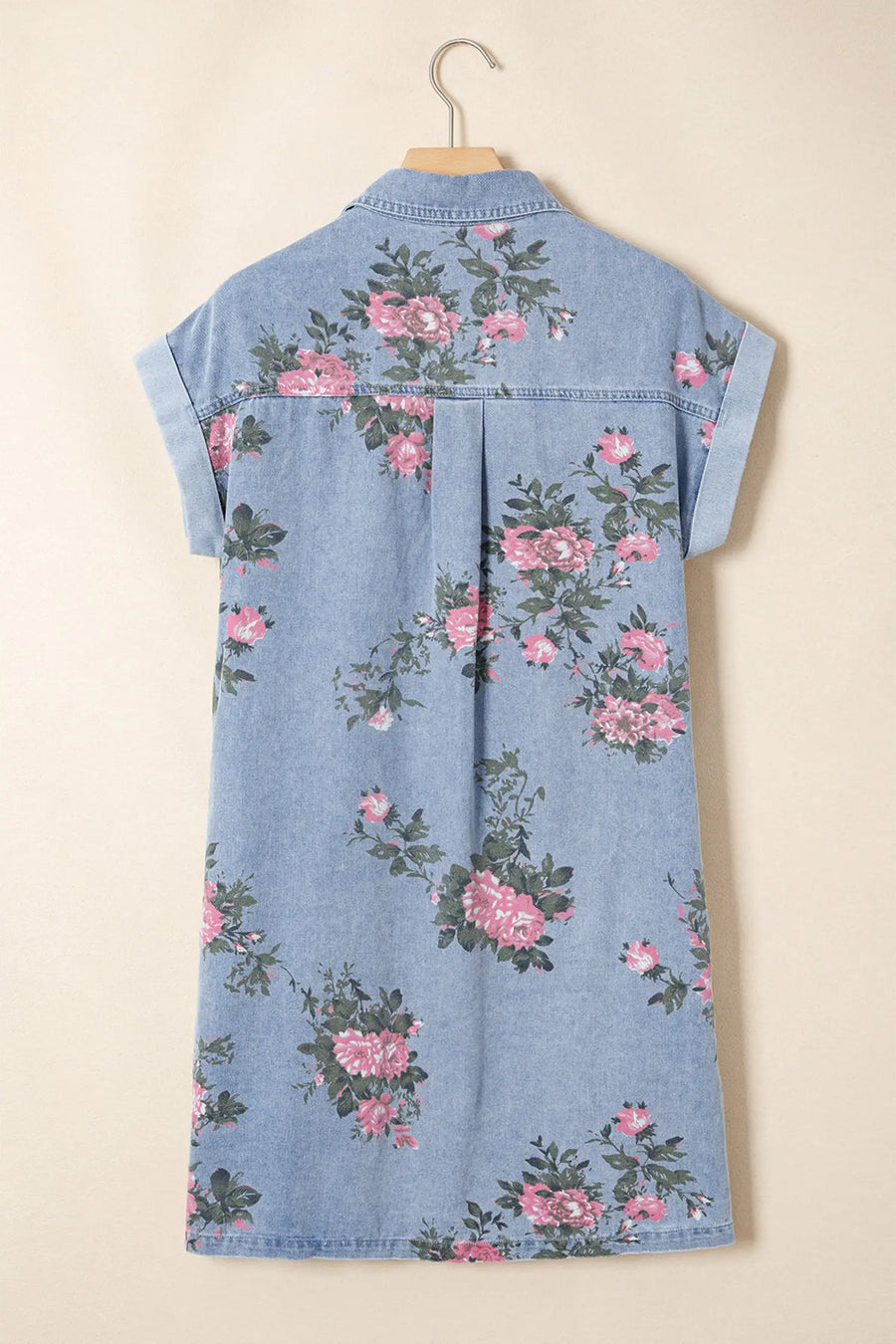 Sky Blue Denim Floral Button Down Shift Dress Women UK