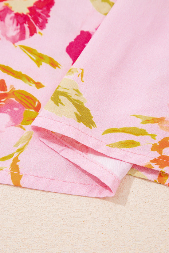 Pink Floral Print Blouse Tie V-Neck Puffy Half Sleeve Relaxed Fit