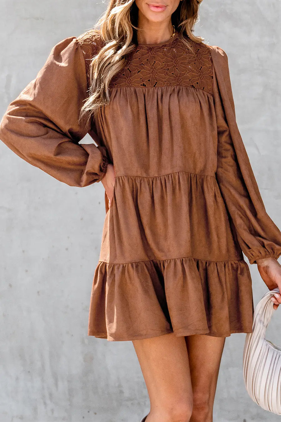 Chestnut Floral Lace Crochet Tiered Mini Dress Women UK