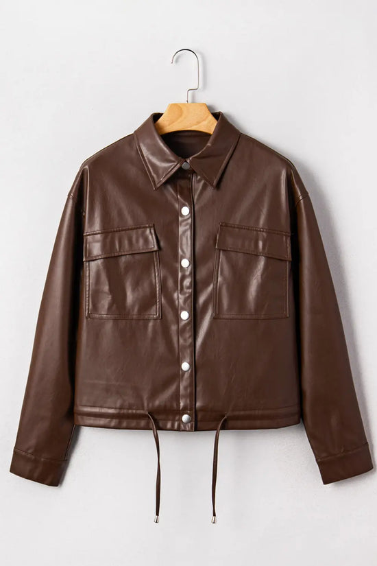 Chicory coffee double flap pocket drawstring hem leather jacket