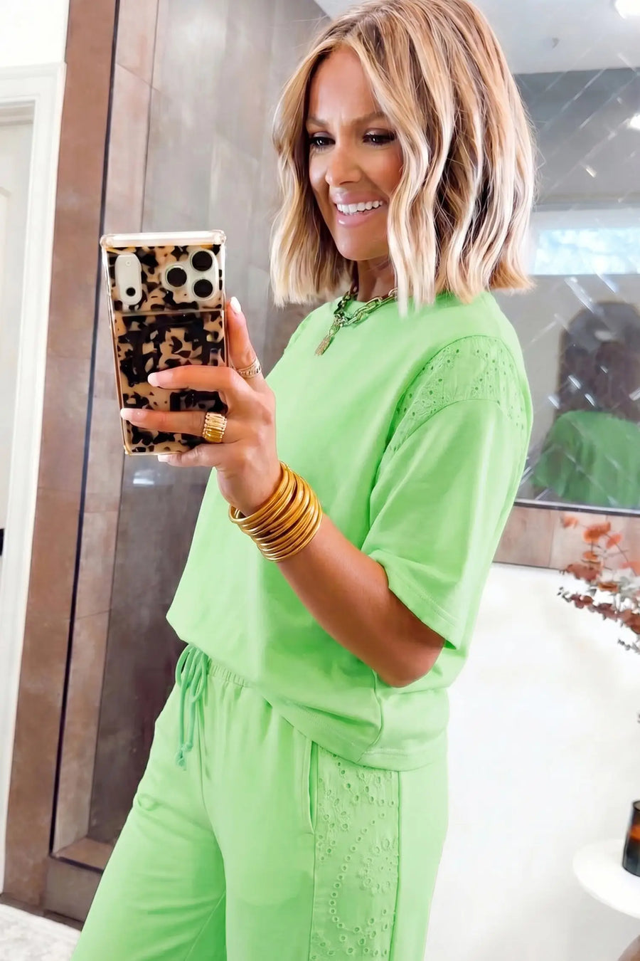 Lace Patchwork Half Sleeve Top & Wide Leg Pants Two Piece Set — lifestyle third option | Fashionfitz UK