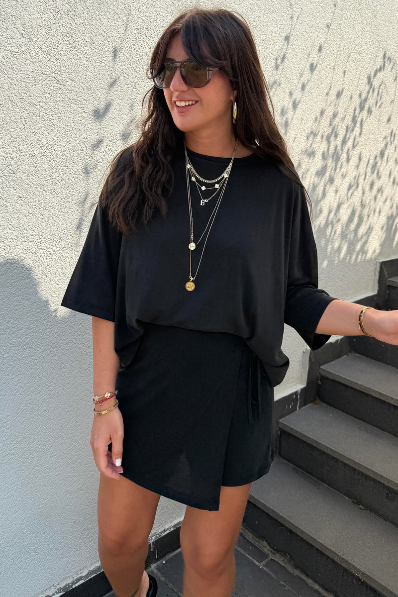 Black Oversize Tee Tie Wrap Mini Skort 2-Piece Set Women UK