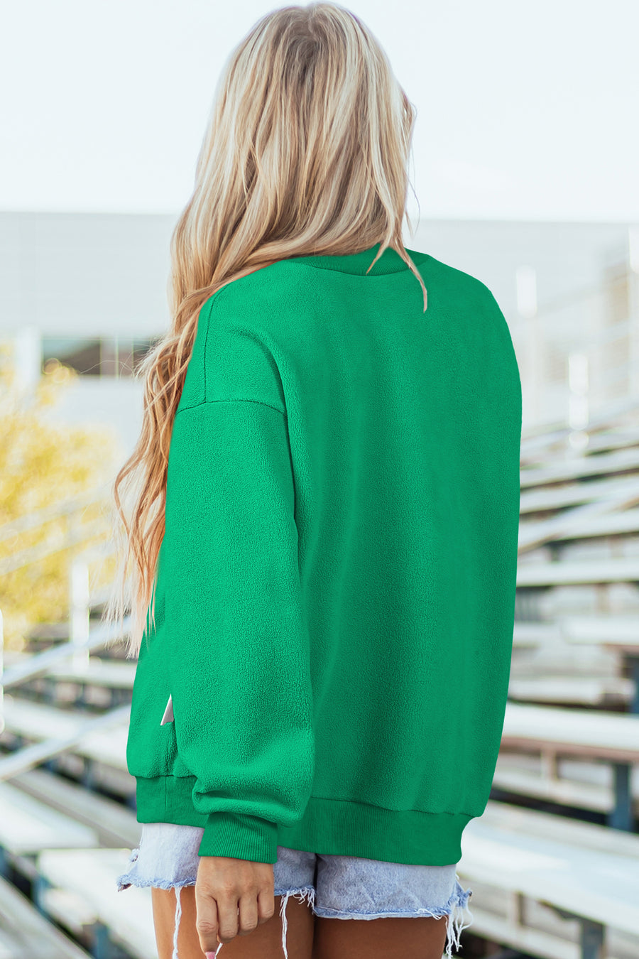Green Drop Shoulder Reversible Sweatshirt Women UK — back view showing oversized casual silhouette — Fashionfitz