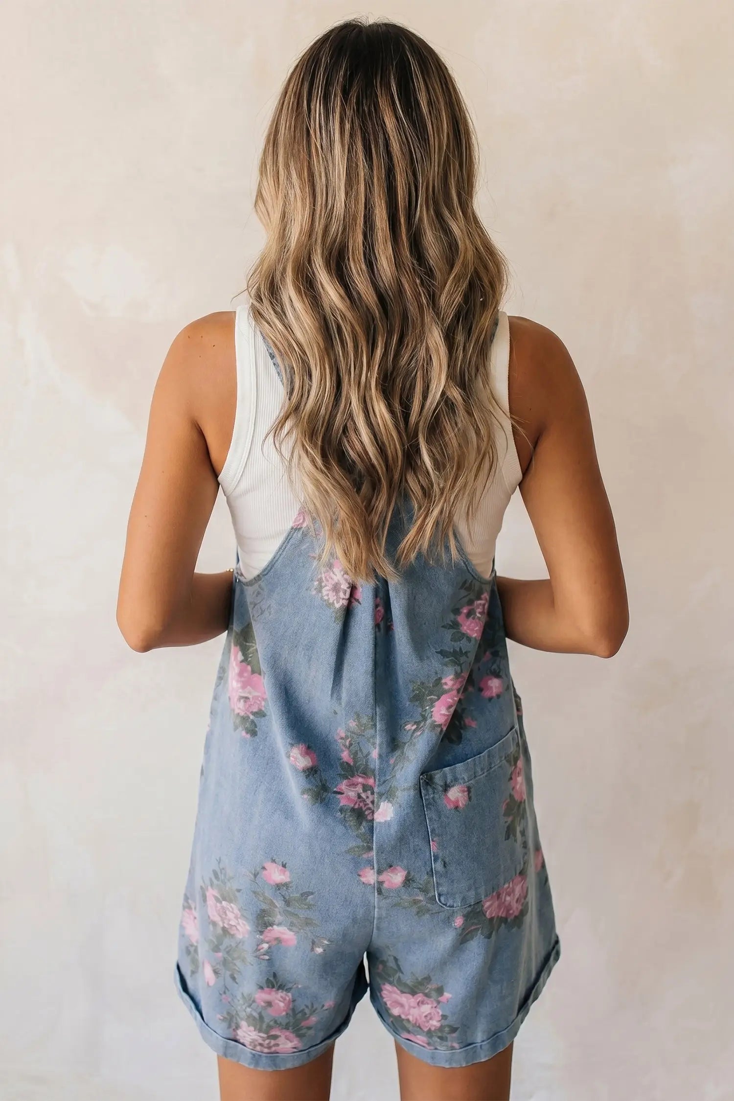 Floral print denim shortalls adjustable straps pockets relaxed fit one-pieces