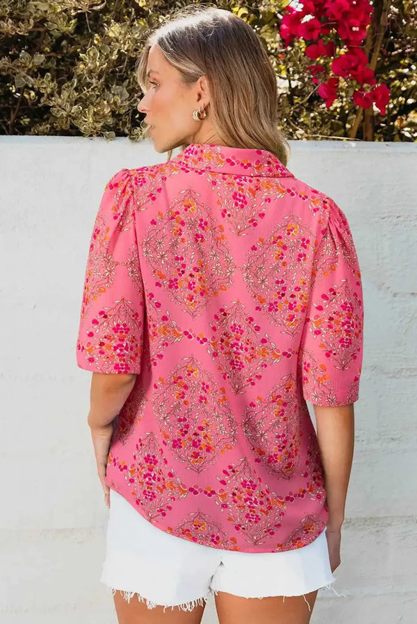 Floral loose button-front shirt collar blouse back view — Fashionfitz UK