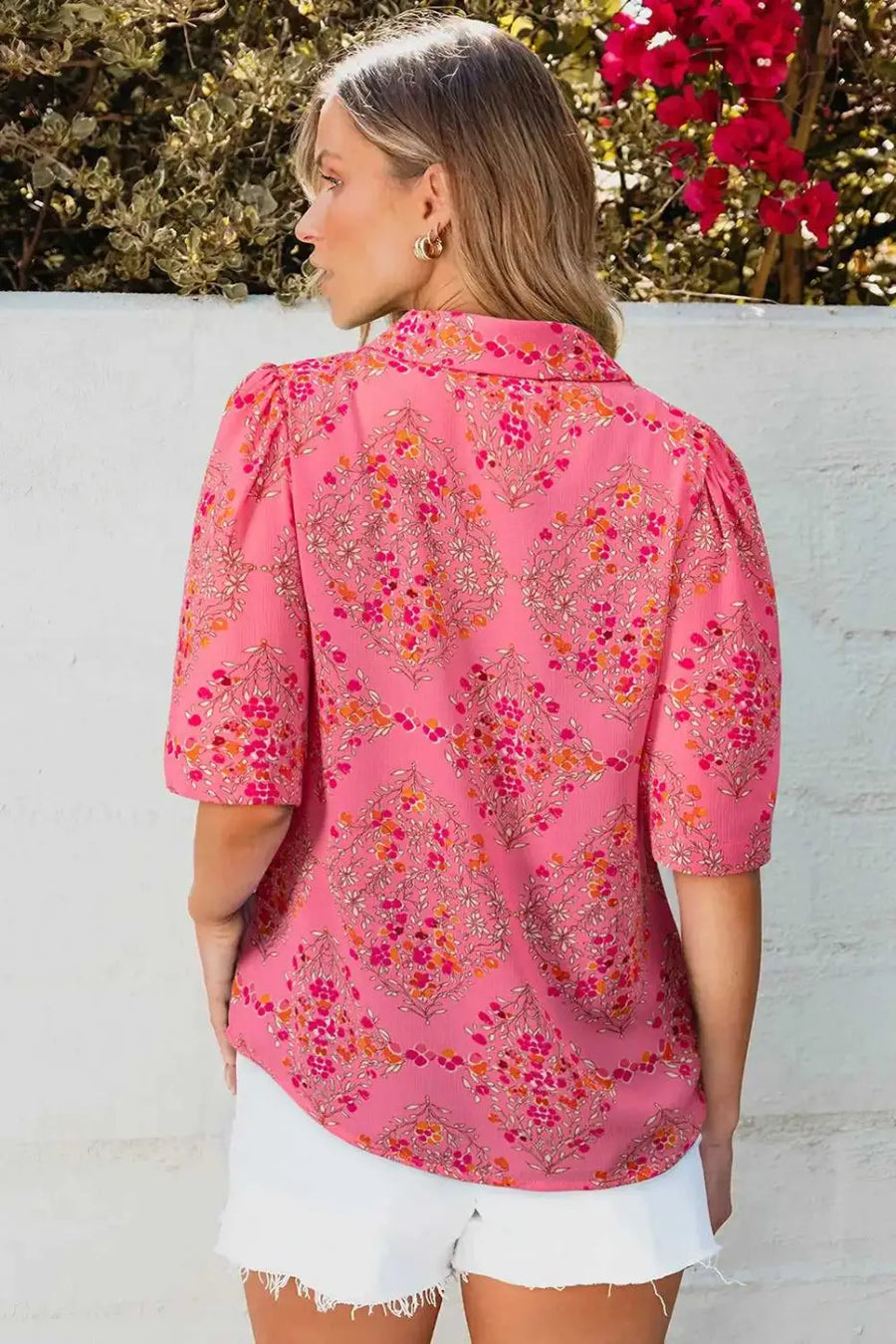 Back view of Floral Loose Button-Front Shirt in rose red showing wide short sleeves and relaxed silhouette — Fashionfitz