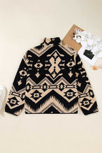 Back view of Women's Black Plus Size Aztec Print Plush Sweatshirt showing full Aztec pattern and plush sherpa texture for cold-weather wear.