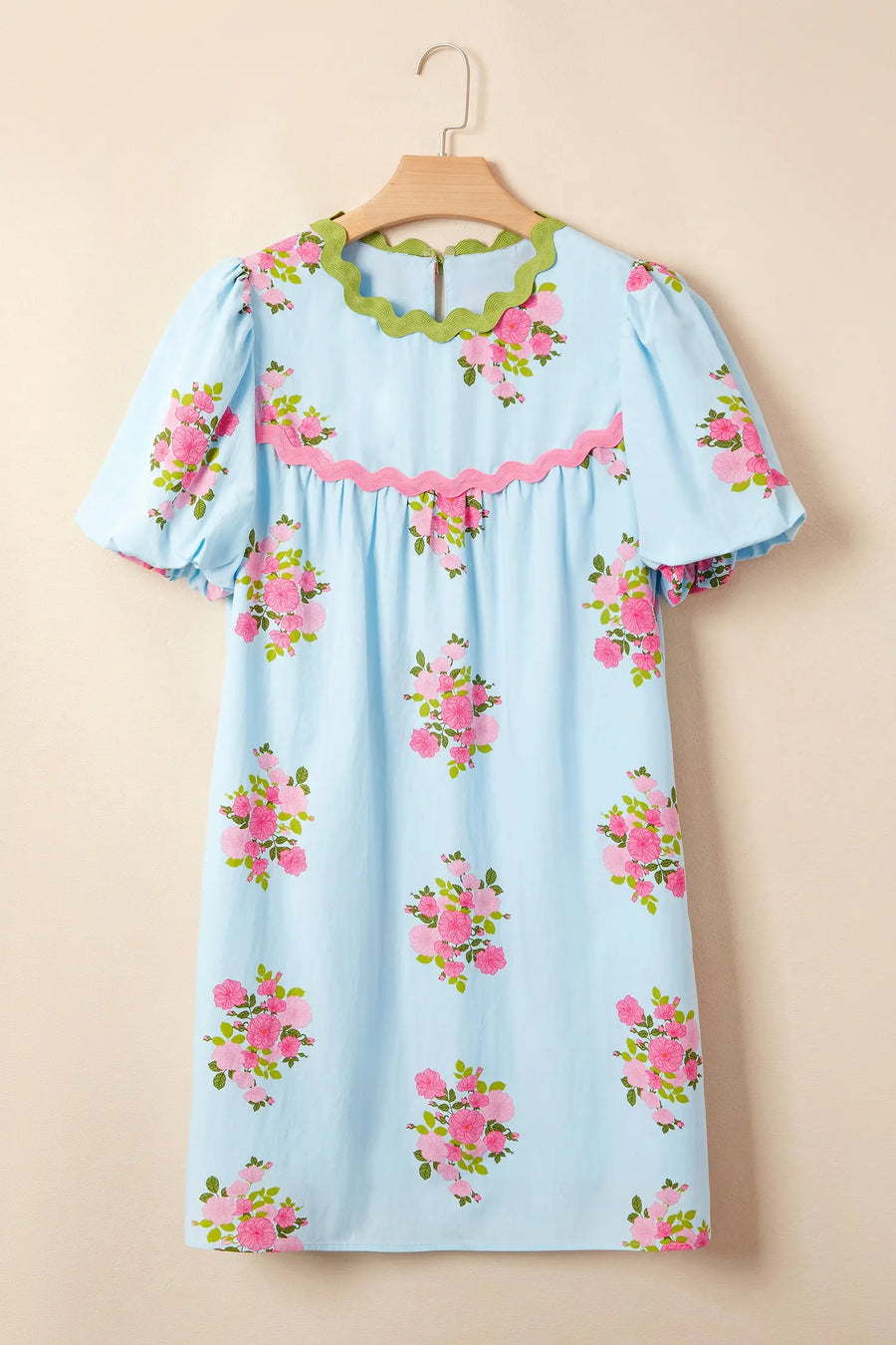 Sky Blue Floral Ricrac Trim Bubble Sleeve Mini Dress Women UK
